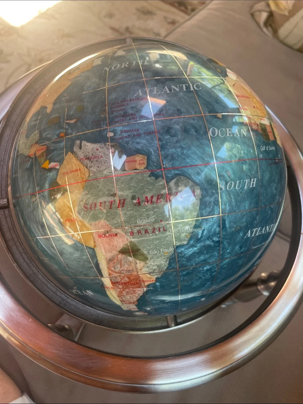 Unique Semi Precious Stones Revolving Globe on Silver Stand